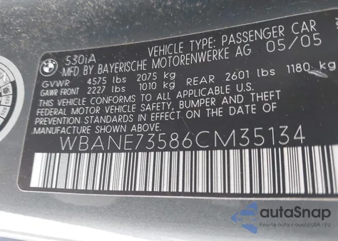 2006 BMW 530I from USA, damaged, VIN WBANE73586CM35134